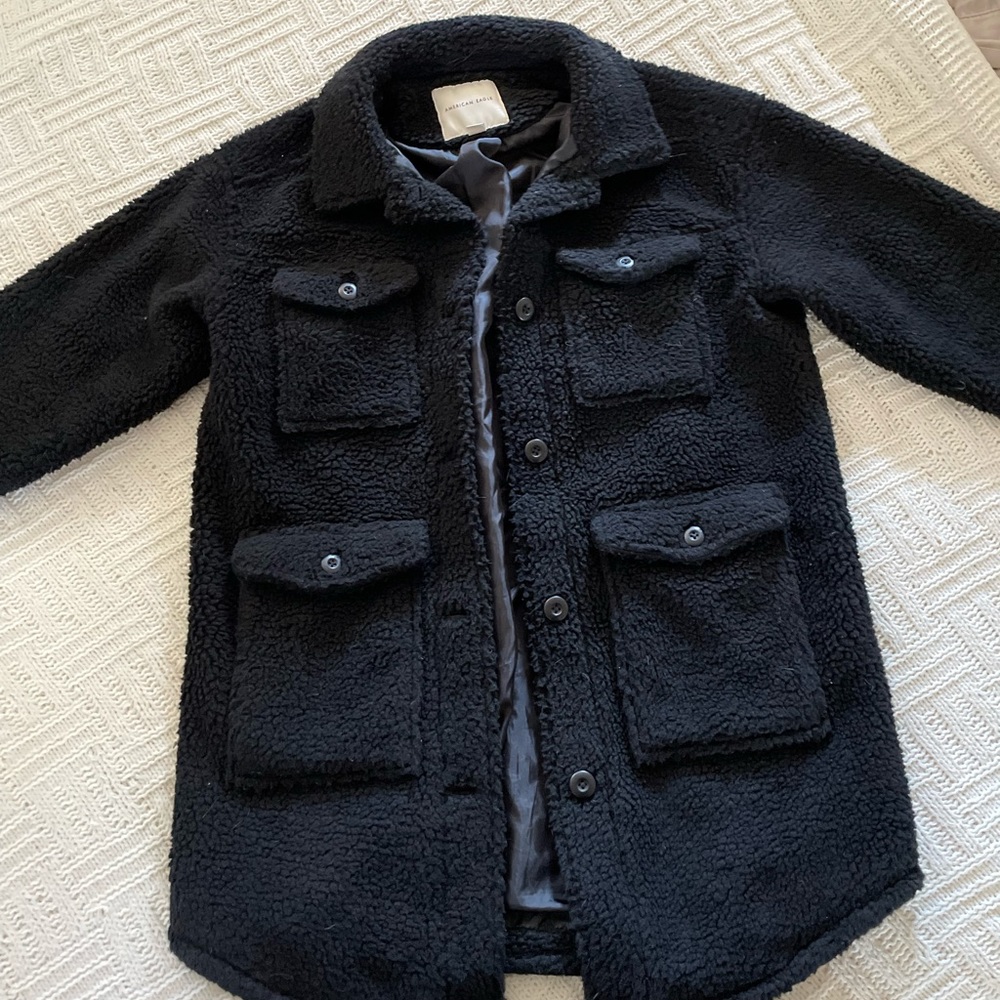 American Eagle Mid Length Black Sherpa Button Up Coat